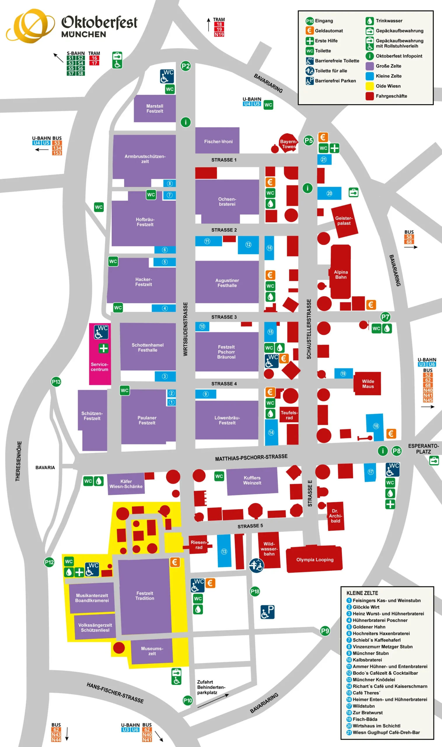 Official Oktoberfest 2025 map showing beer tent locations, restrooms, and landmarks like the Bavaria Statue at Theresienwiese.